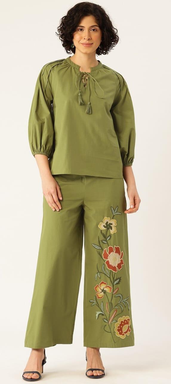 Designer embroidered co ord in green cotton
