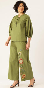 Designer embroidered co ord in green cotton