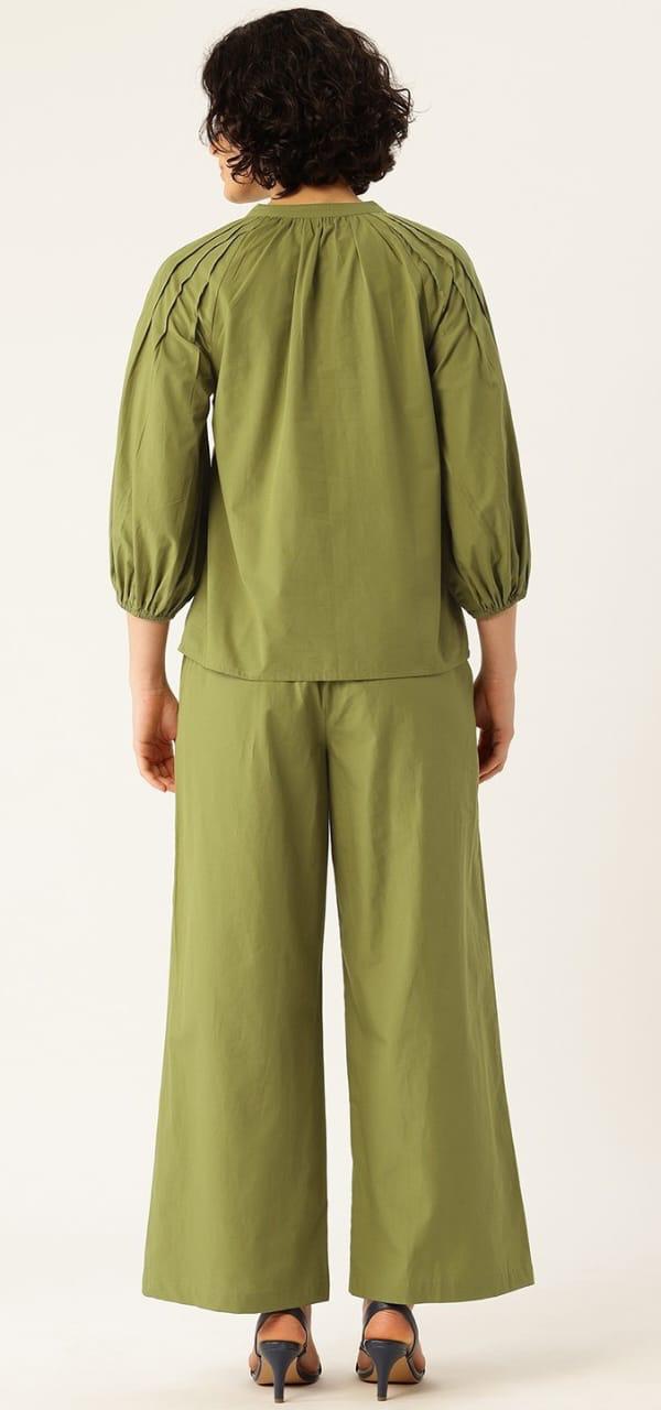 Designer embroidered co ord in green cotton