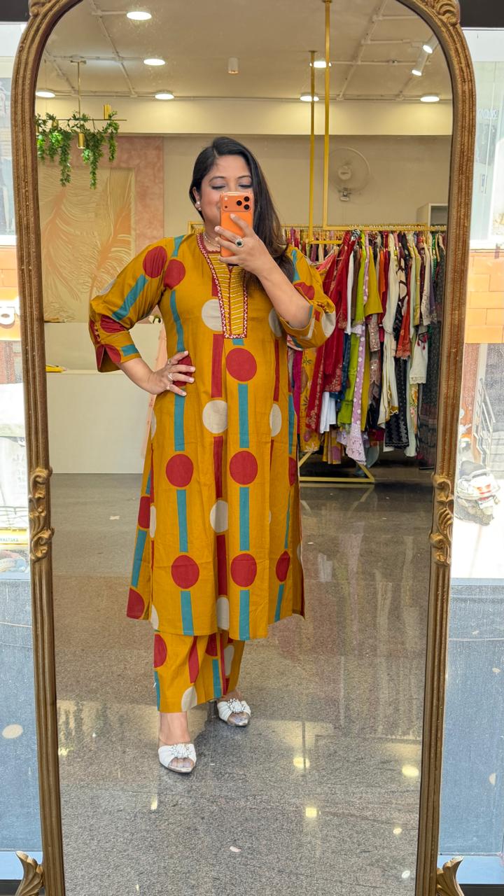 Premium cotton polka dot kurta pant in yellow