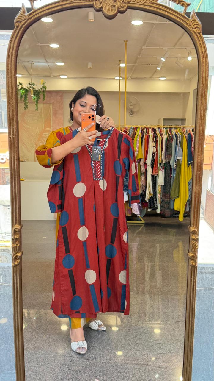 Premium cotton polka dot kurta pant in red