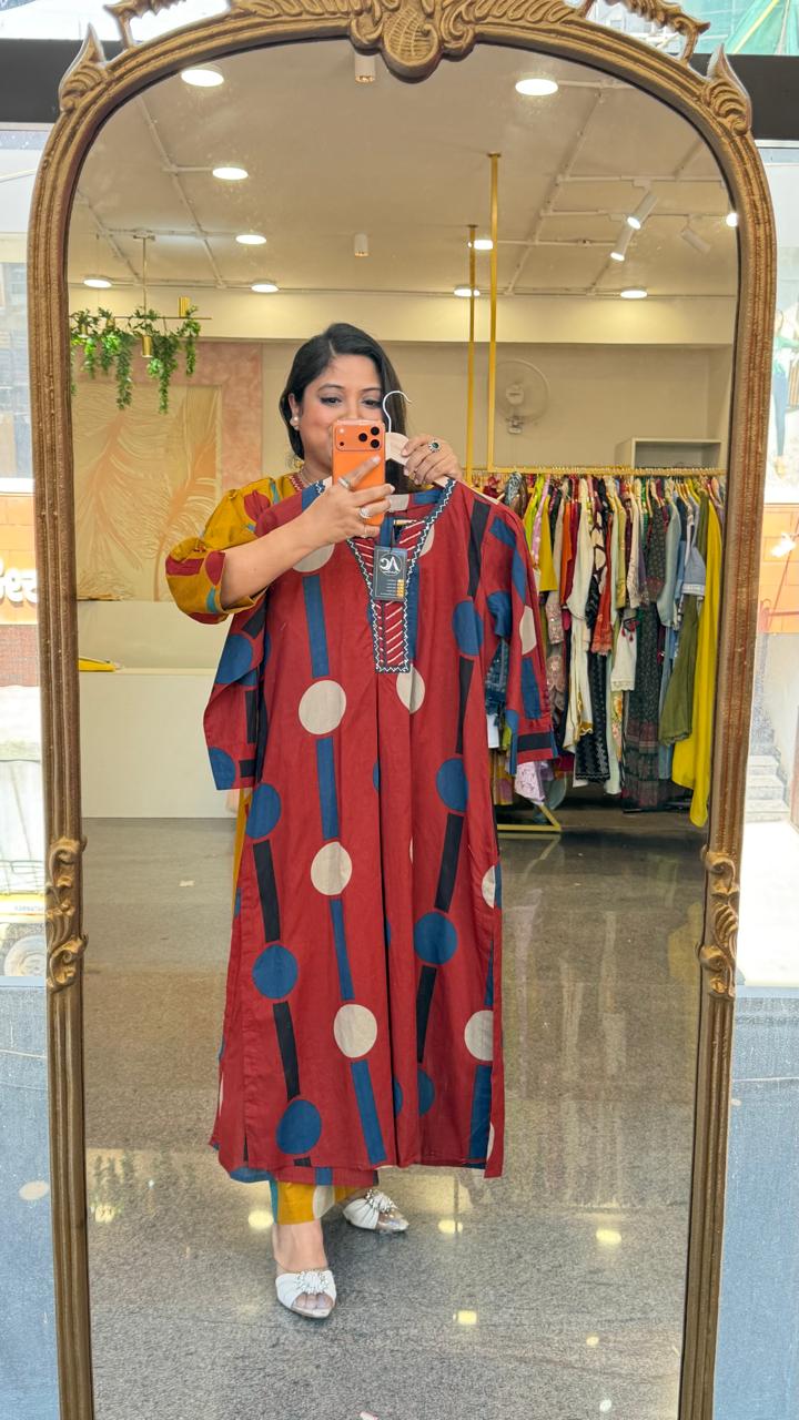 Premium cotton polka dot kurta pant in red