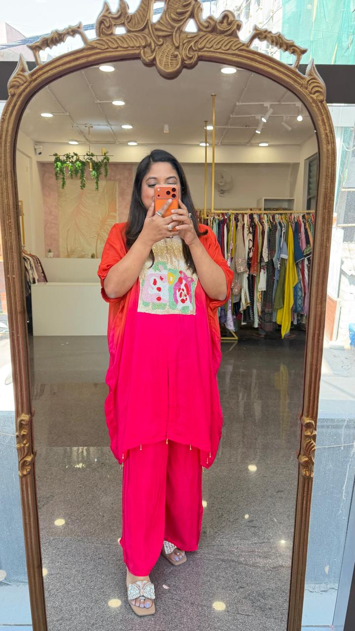 Pure crepe pearl detailing ombré effect co ord set (loose fit)