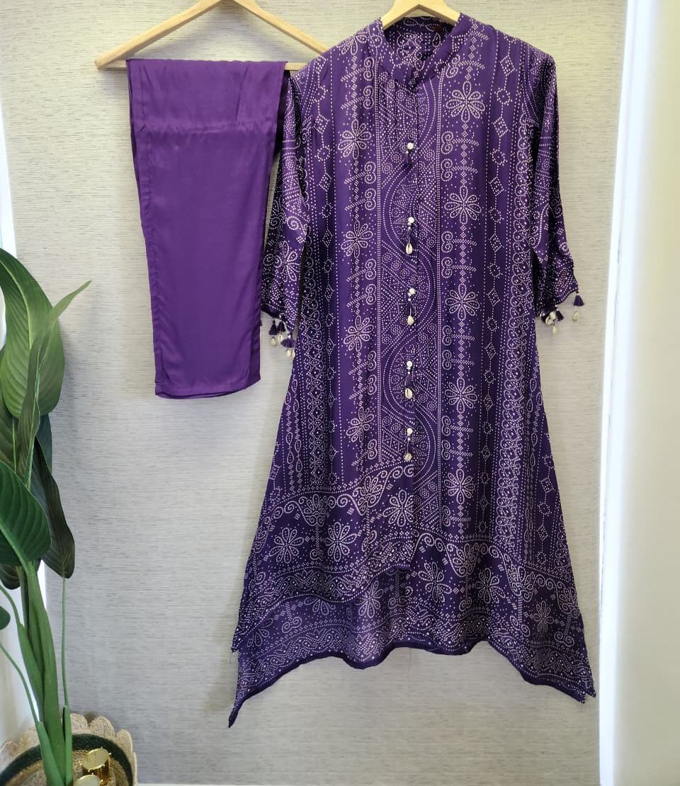 Restocked !! Viral purple bandhani Russian silk shell detailing kurta pant !! Dispatch Next Week
