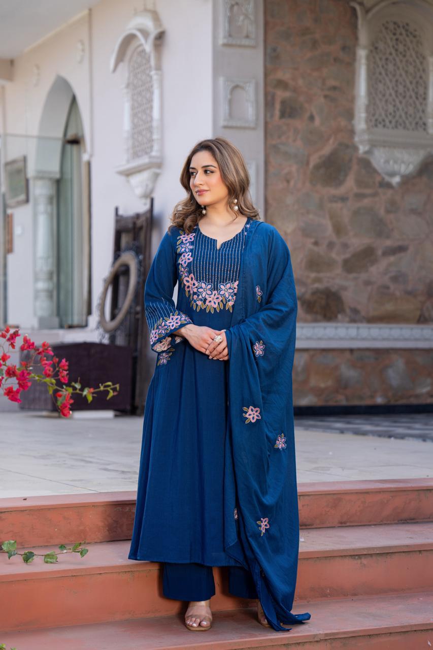 Designer pocket slub cotton fully embroidered full suit