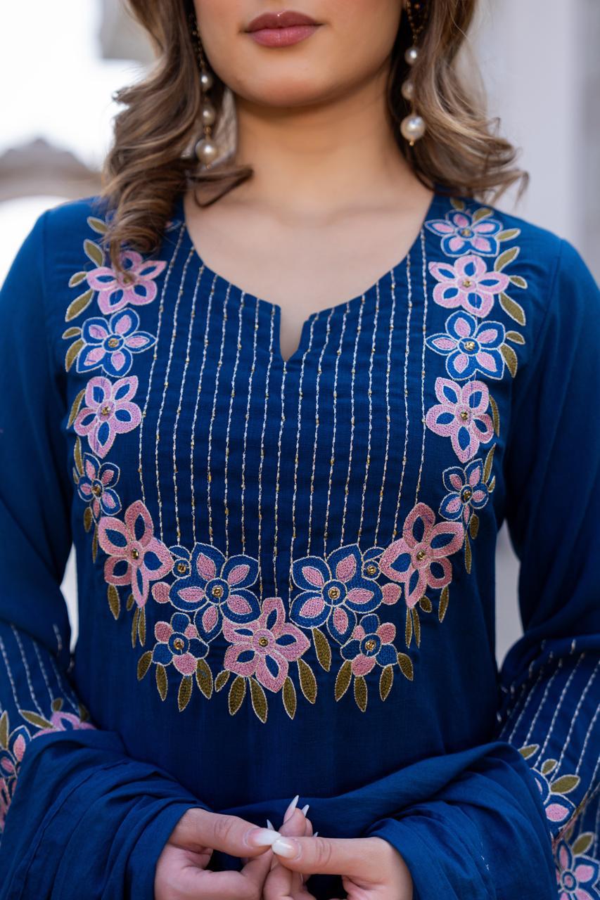 Designer pocket slub cotton fully embroidered full suit
