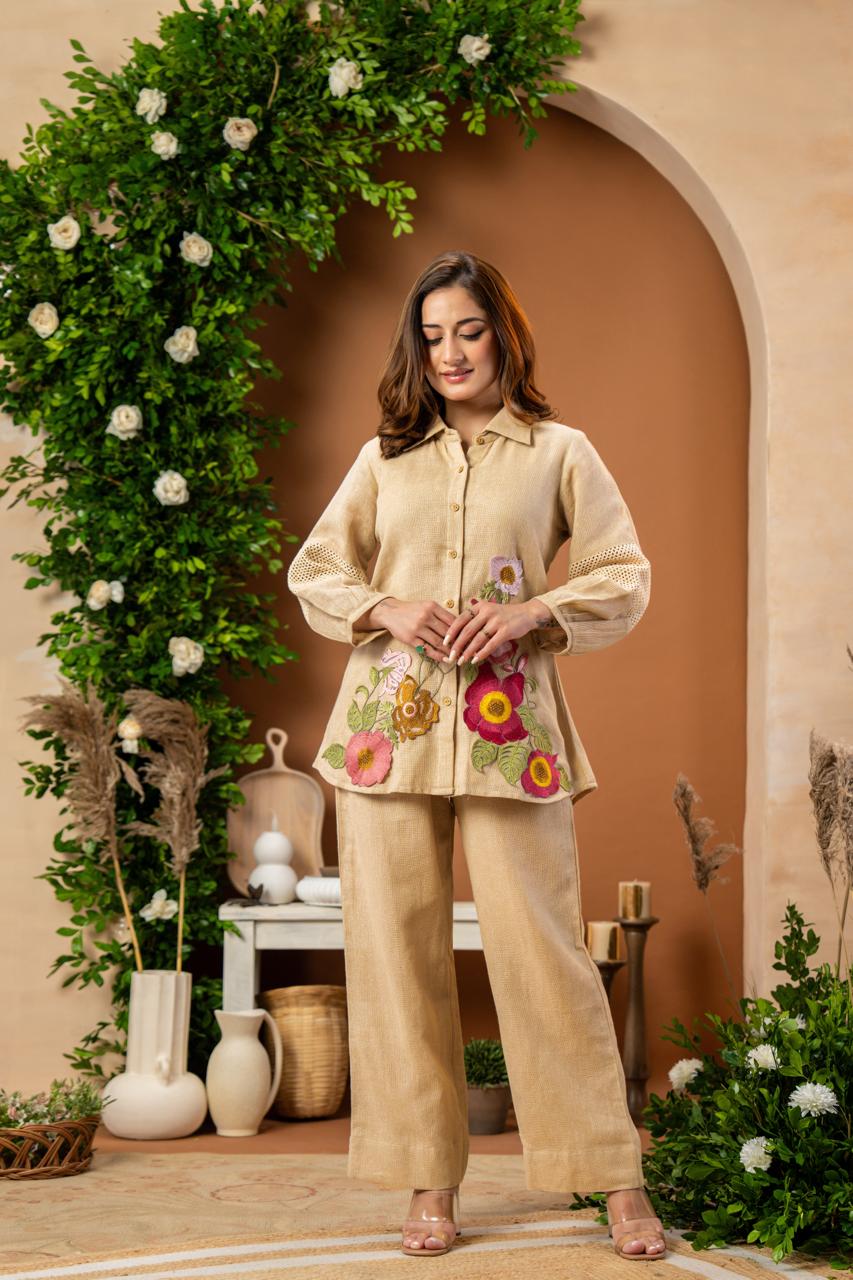 Applique work jute cotton co ord set in beige