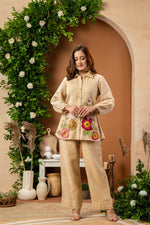 Applique work jute cotton co ord set in beige