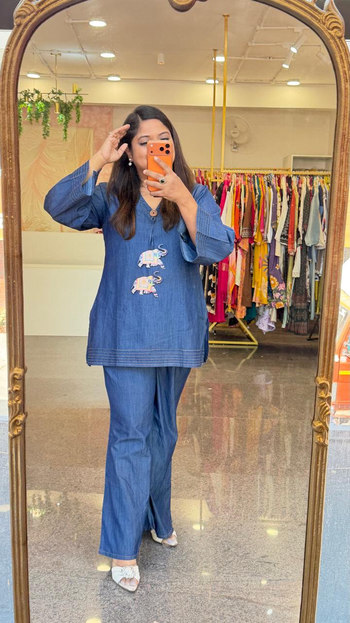 Restocked !! Stylish denim cotton designer co ord set !!