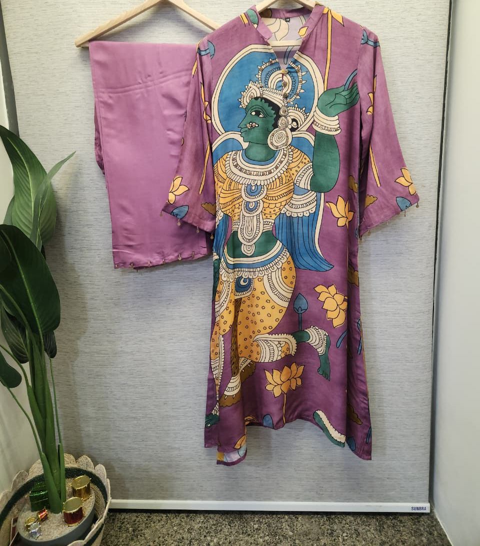 Pure Mul silk kalamkari kurta pant in purple