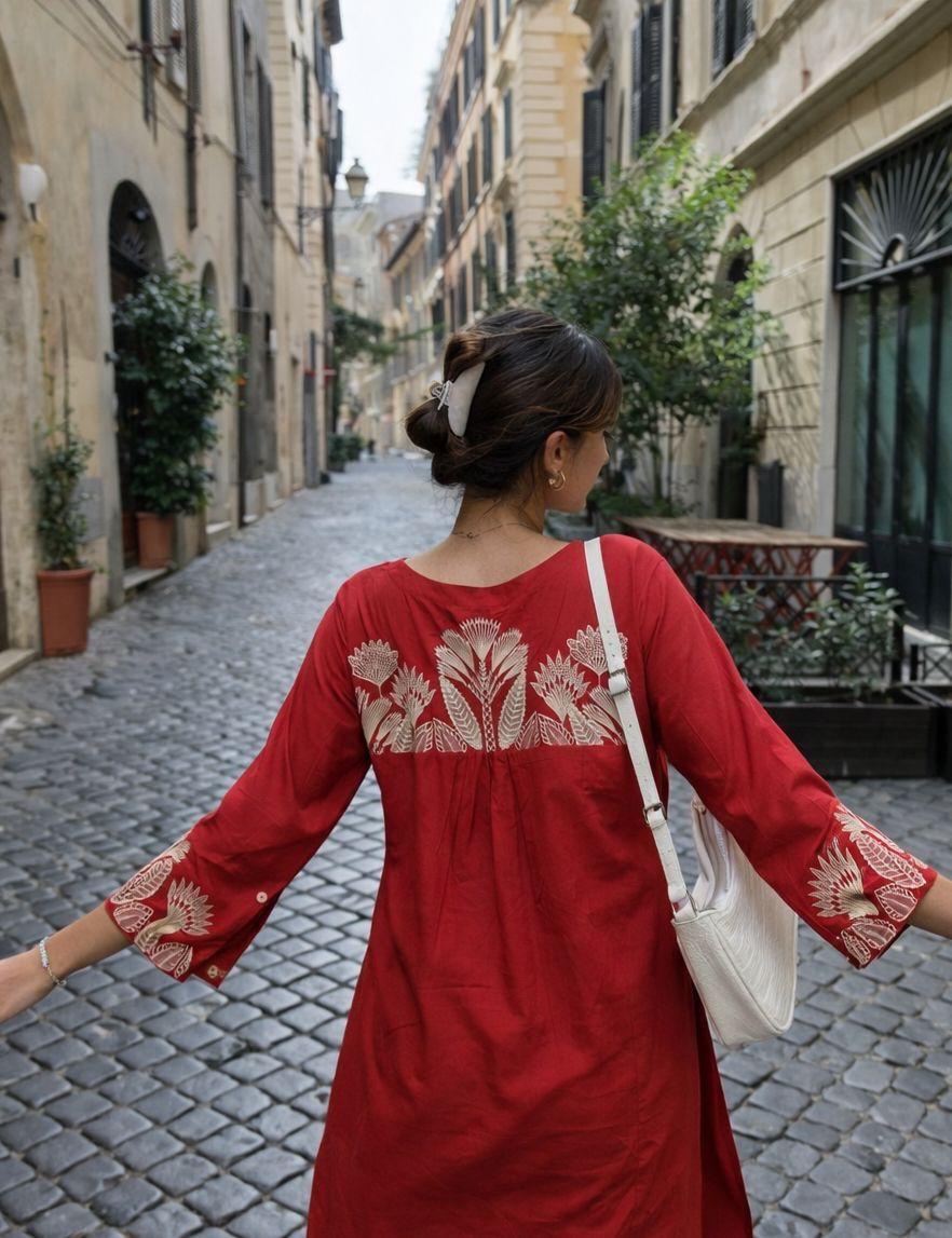 Designer back and sleeve fully embroidered in red cotton suit set