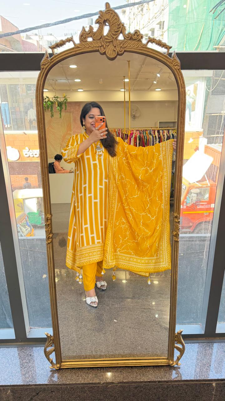 Russian silk gorgeous suit set with neck piece in yellow