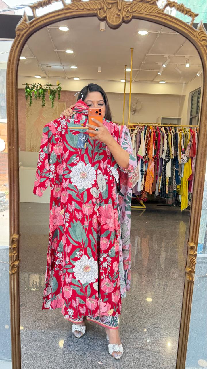 Restocked !! Premium pure cotton suit set in red !! Dispatch in 4-5 Days