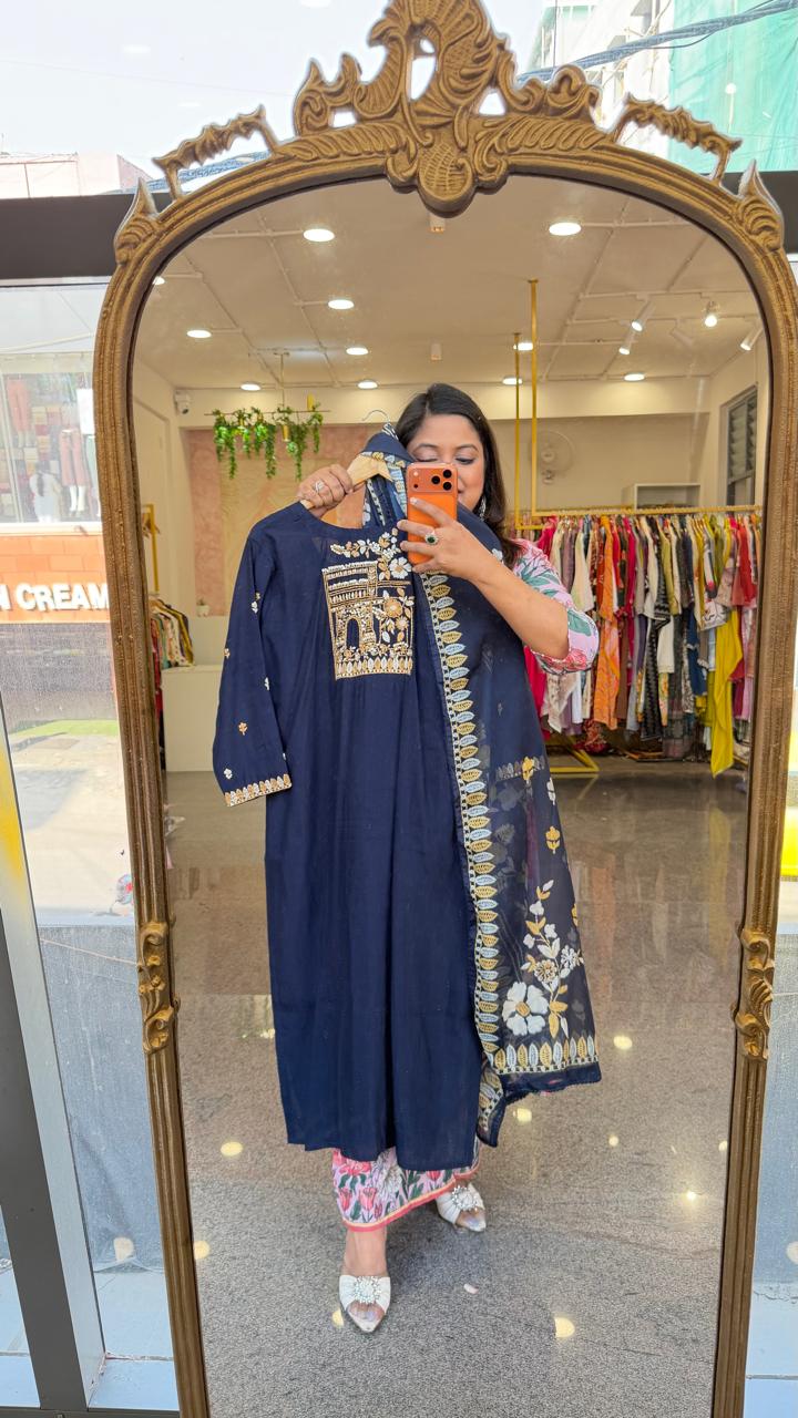 Designer back Modale front n back embroidered full suit in blue