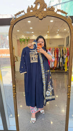 Designer back Modale front n back embroidered full suit in blue
