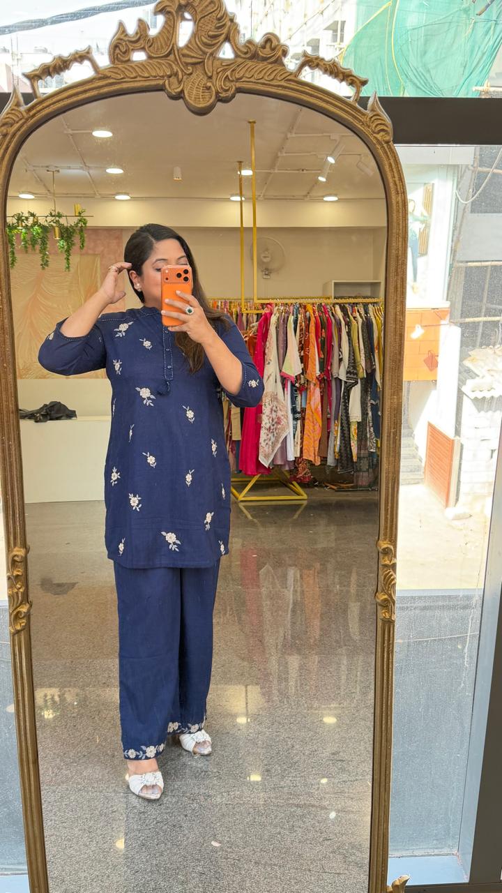 Wow fully embroidered cotton co ord in blue