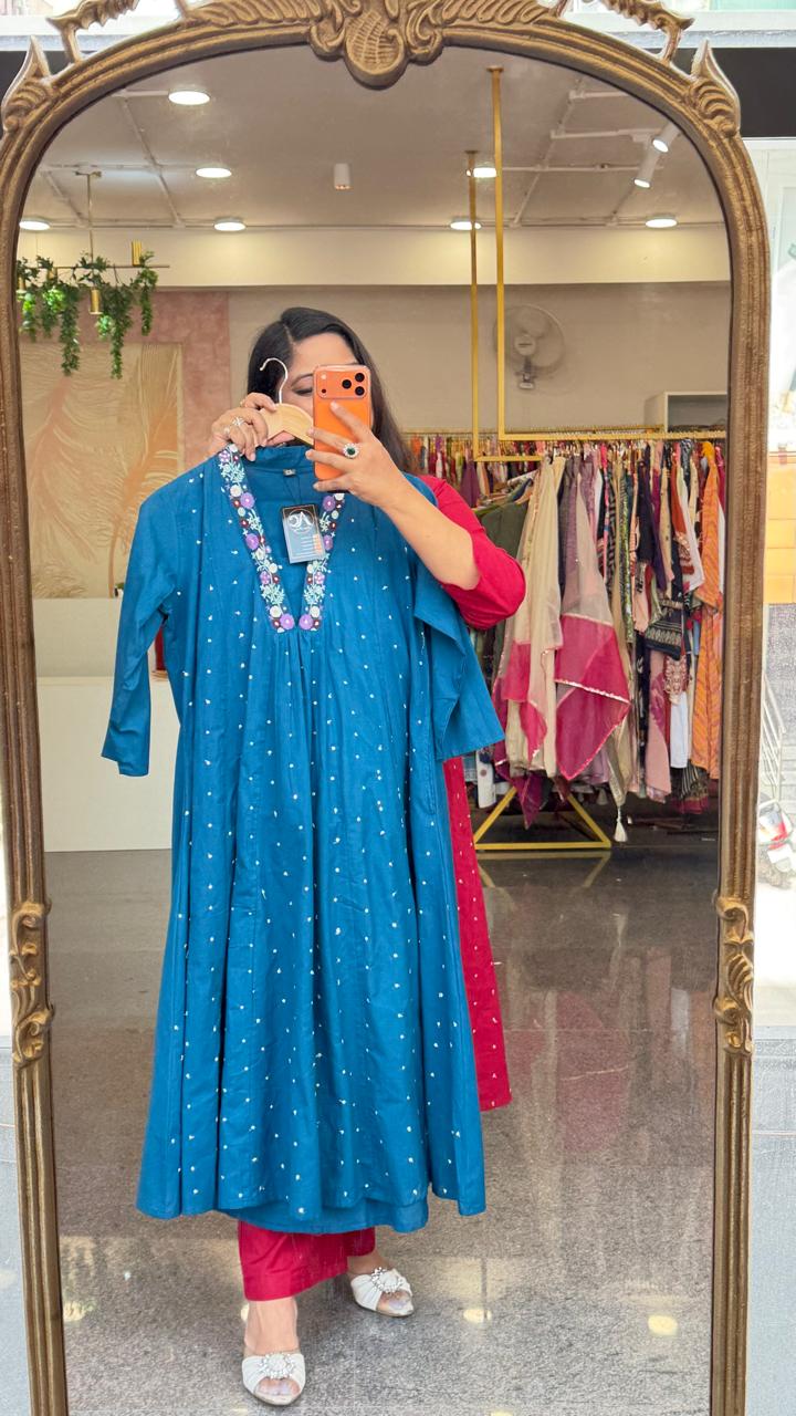 Premium cotton embroidered V neck kurta pant in blue. Fully zari embroidered kurta