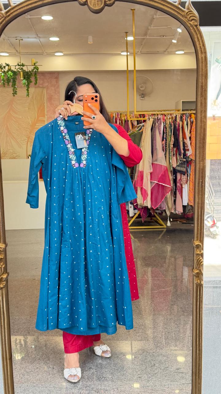 Premium cotton embroidered V neck kurta pant in blue. Fully zari embroidered kurta