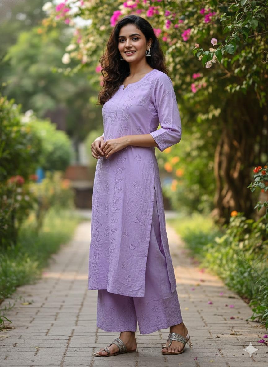 Heavy rayon chikankari kurta pant in purple