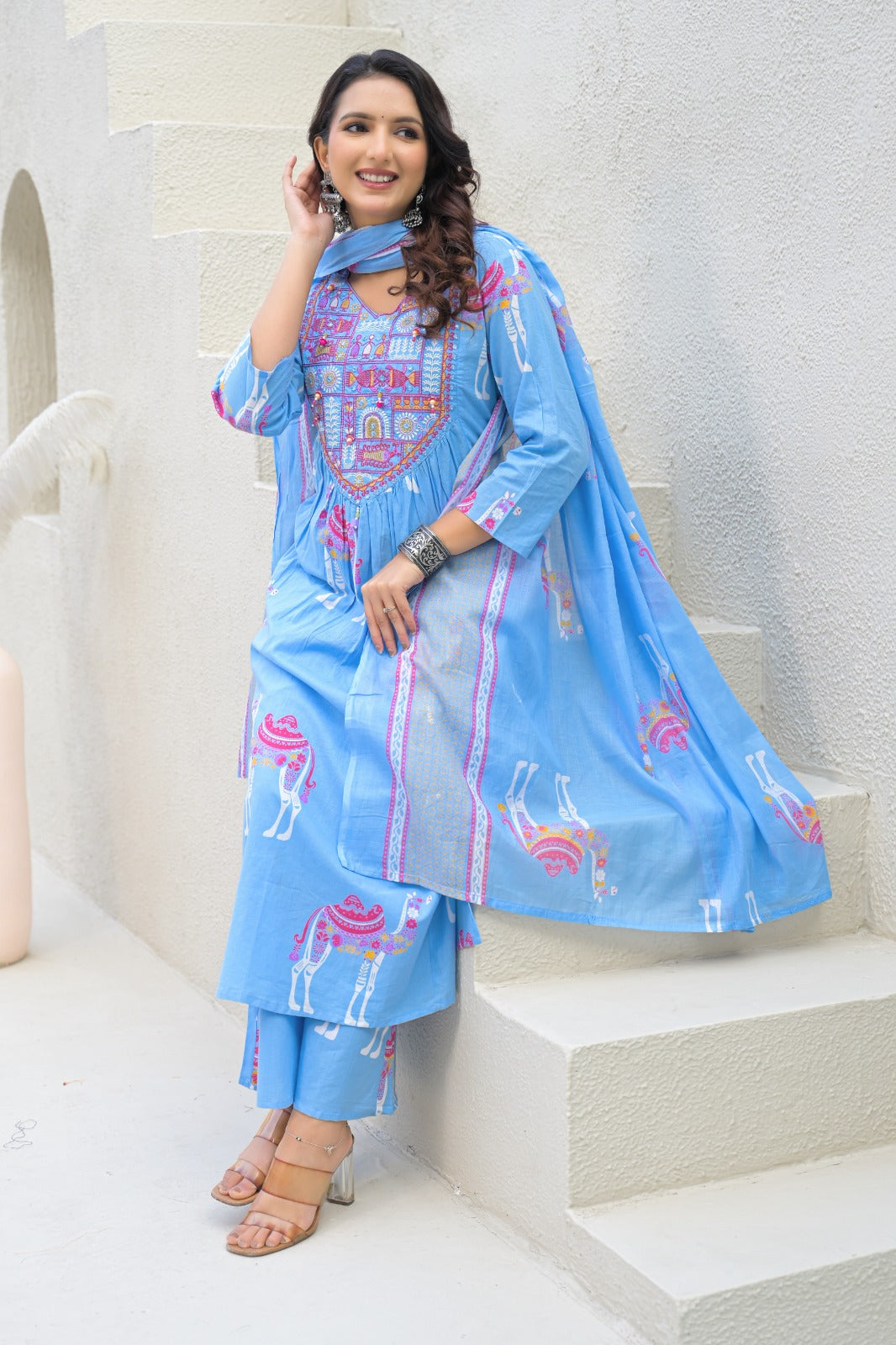 Designer cotton suit set in blue