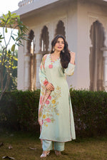 Applique work Mul chanderi lining suit set in pista