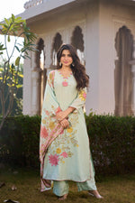 Applique work Mul chanderi lining suit set in pista