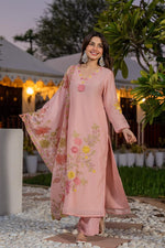 Applique work Mul chanderi lining suit set in pink