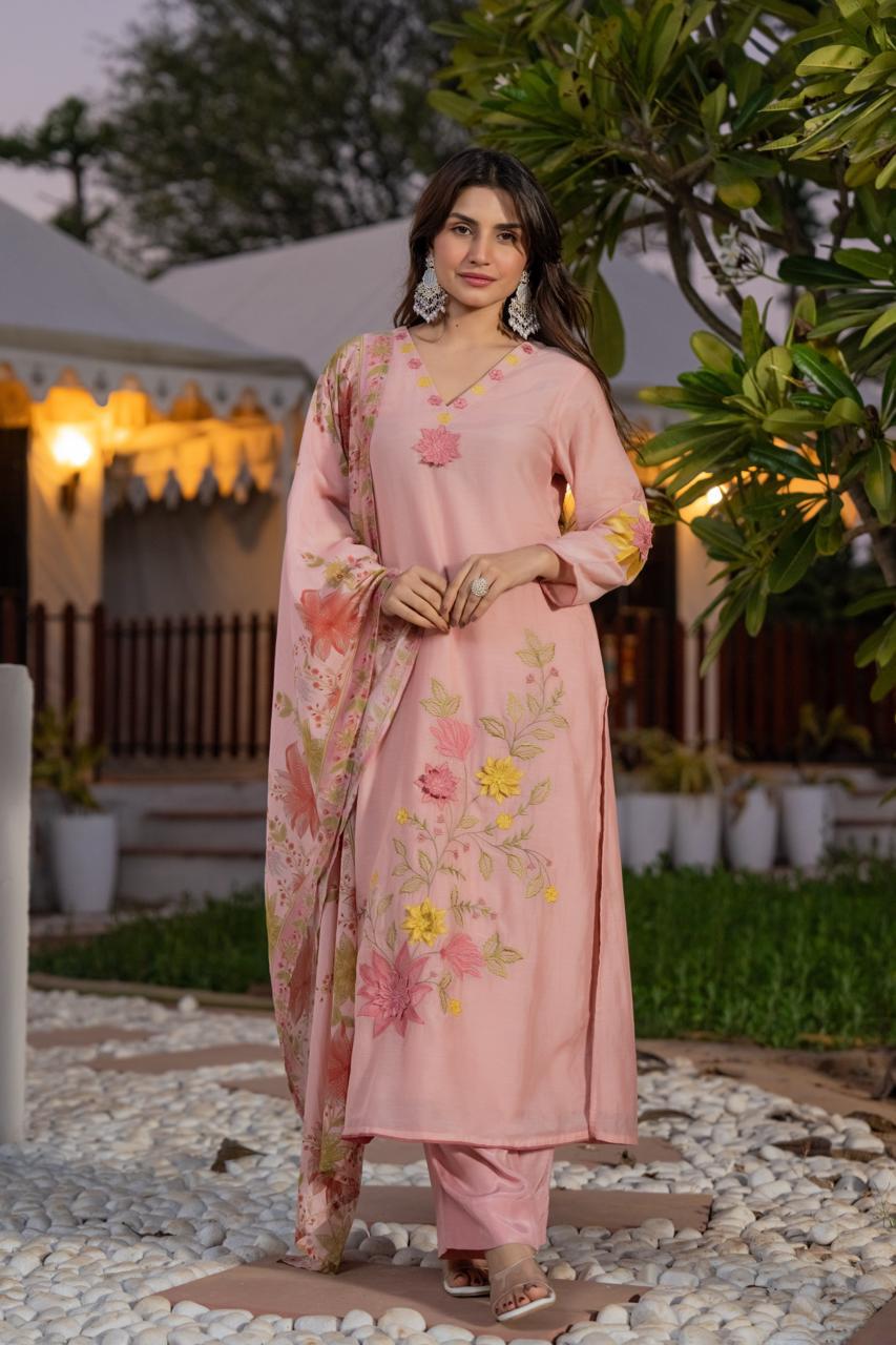 Applique work Mul chanderi lining suit set in pink
