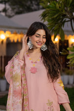 Applique work Mul chanderi lining suit set in pink