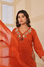 Pure Mul cotton with designer pocket and designer neck full suit in rust