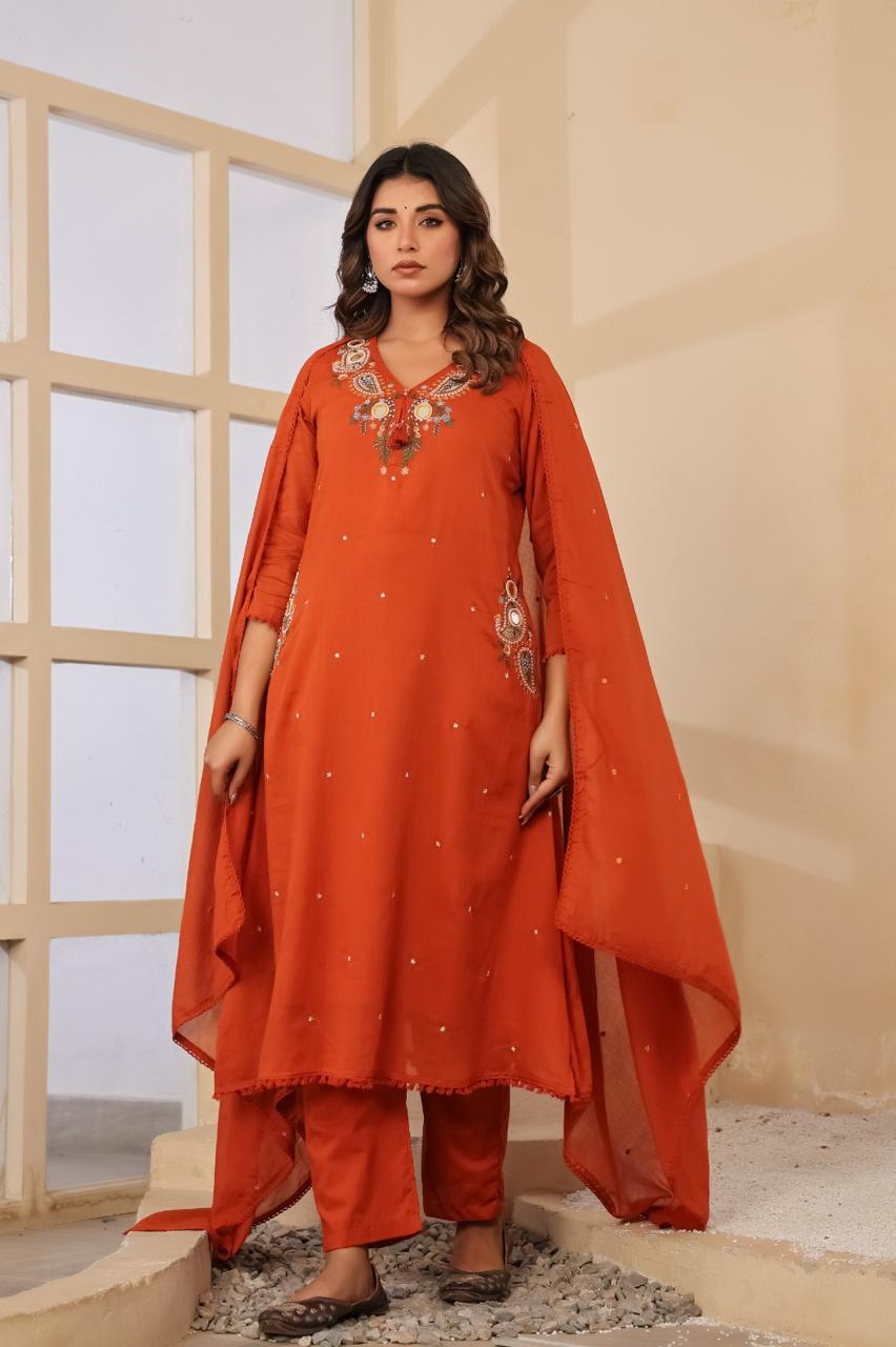 Pure Mul cotton with designer pocket and designer neck full suit in rust