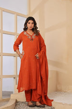 Pure Mul cotton with designer pocket and designer neck full suit in rust