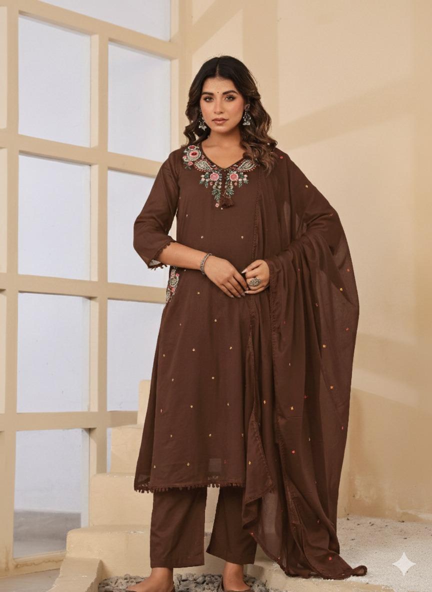 Pure Mul cotton with designer pocket and designer neck full suit in brown