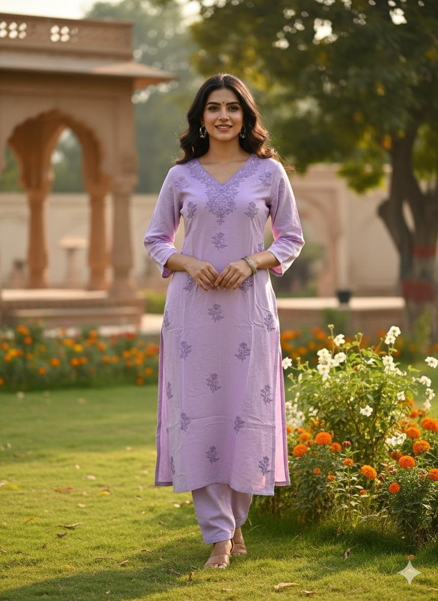 Beautiful chikankari heavy slub cotton kurta pant with lace detailing in purple