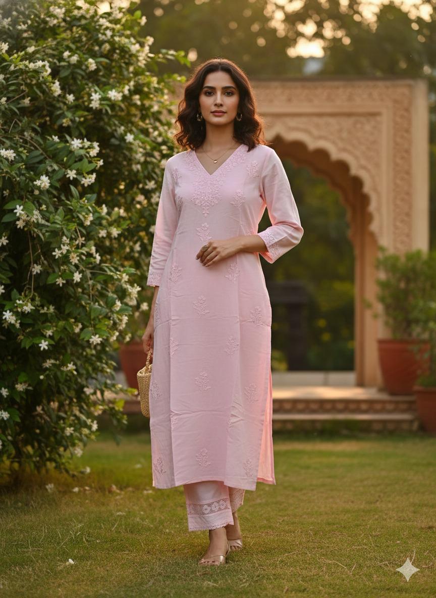 Beautiful chikankari heavy slub cotton kurta pant with lace detailing in pink