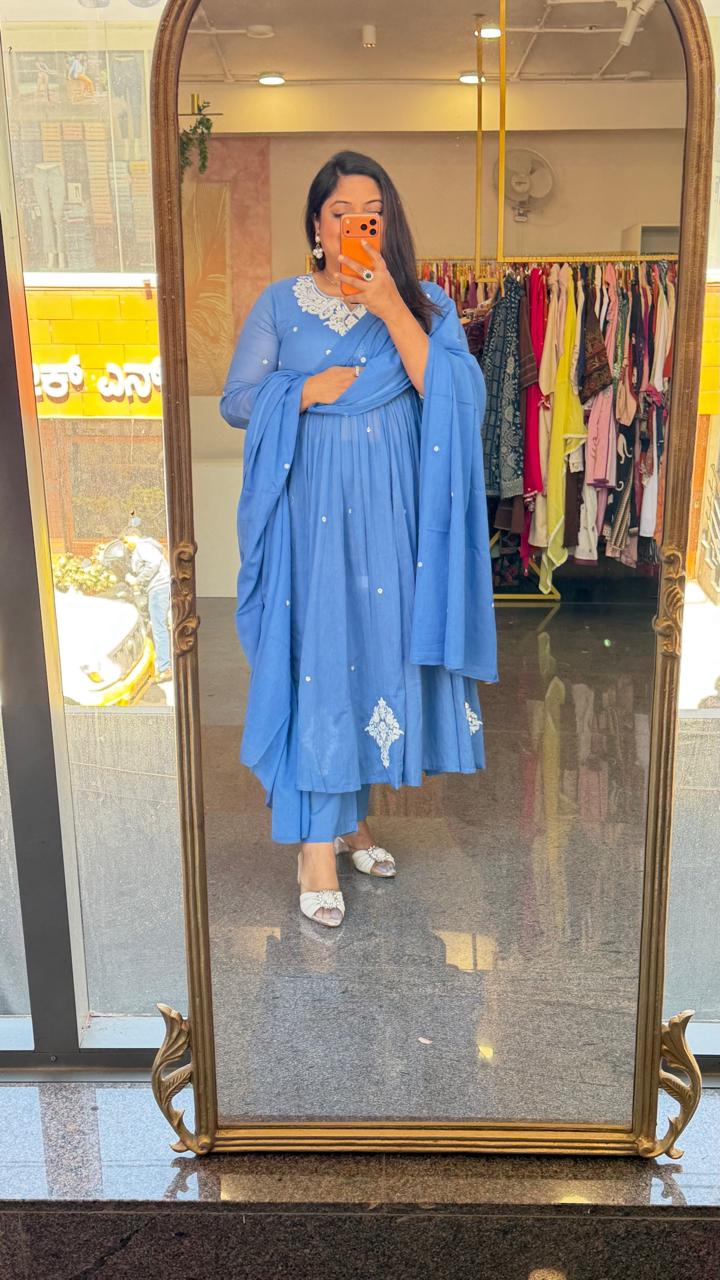 Mul cotton heavy embroidery full suit set in blue