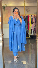 Mul cotton heavy embroidery full suit set in blue