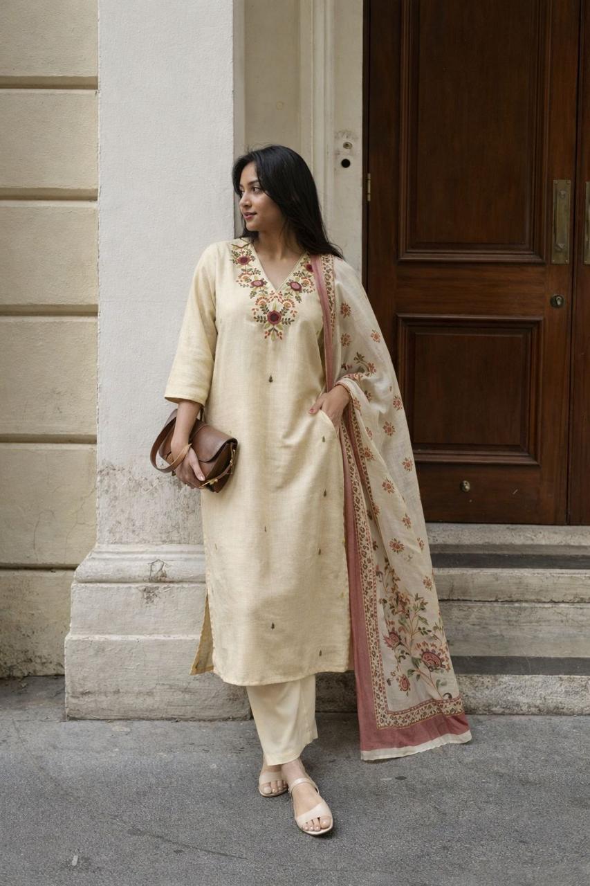 Super pretty linen cotton fully embroidered suit set in ivory