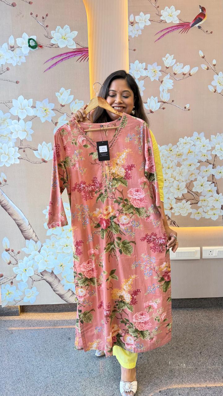 Pink cotton floral kurti