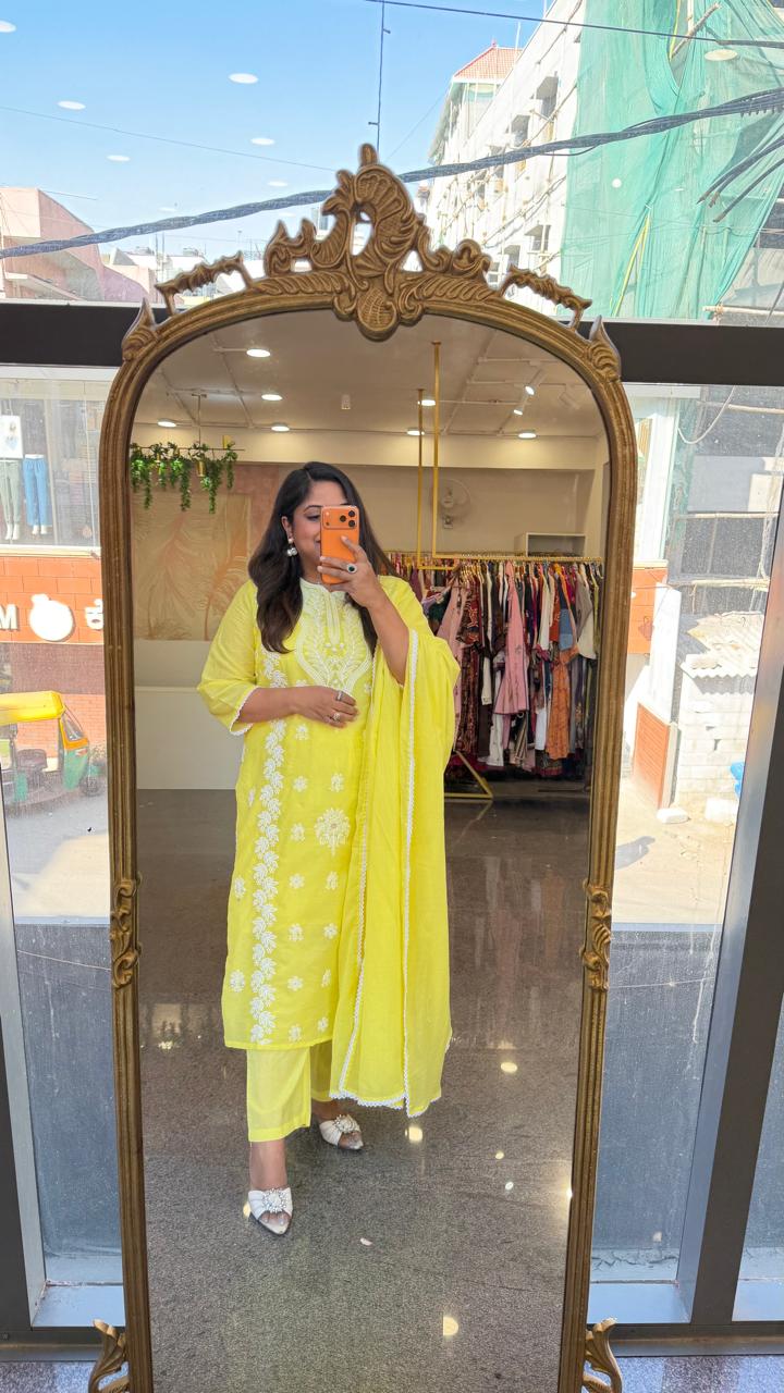 Premium chikankari mul cotton lining suit set