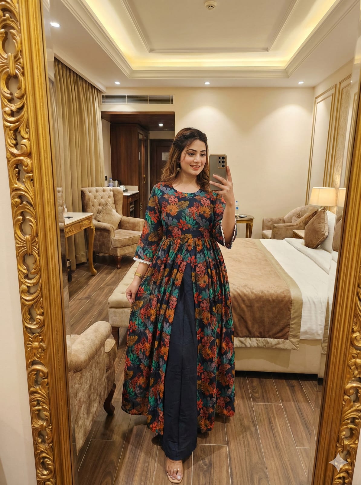 Elegant long silk kurta paired with a plazzo pant