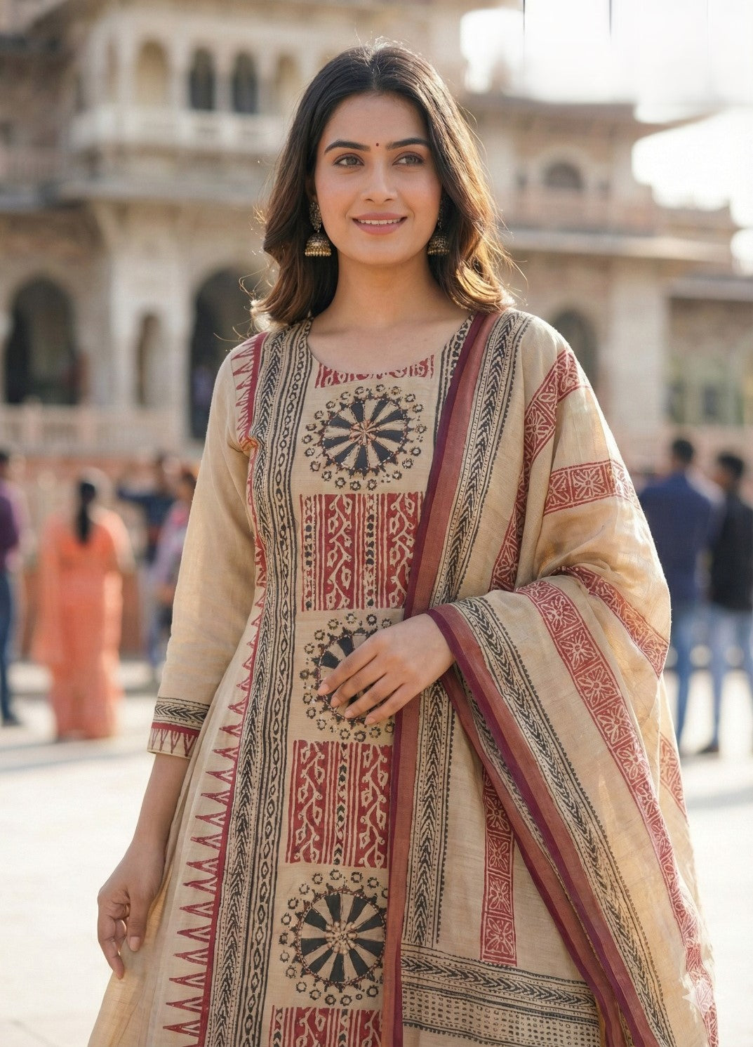 Soft tussar ajrakh suit set