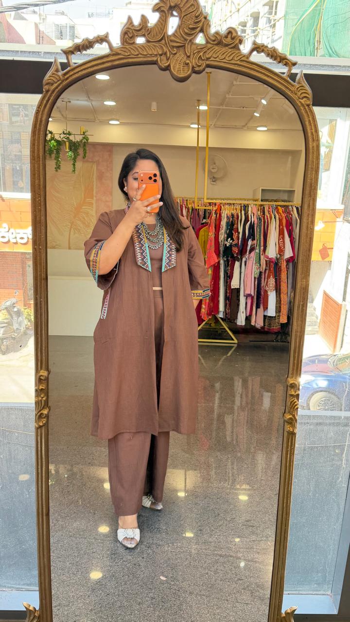 Super smart designer jacket paired with plazzo and a crop top