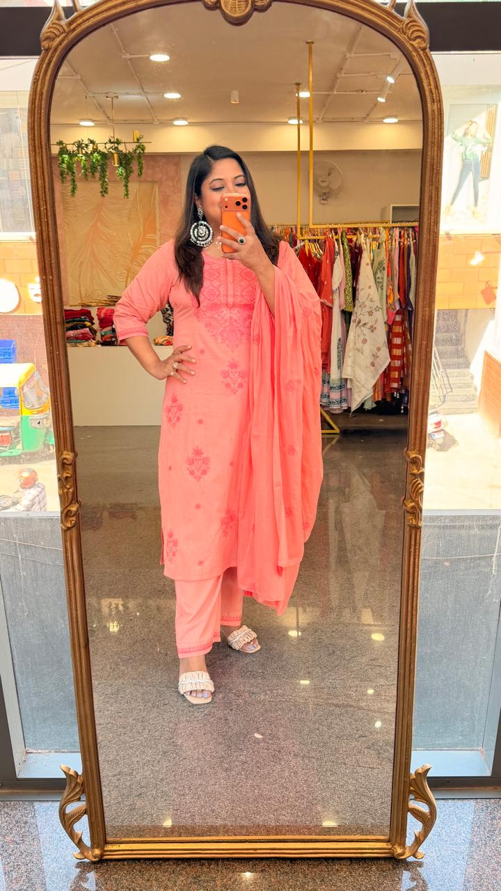 Premium chikankari pure cotton paired with Mul cotton dupatta