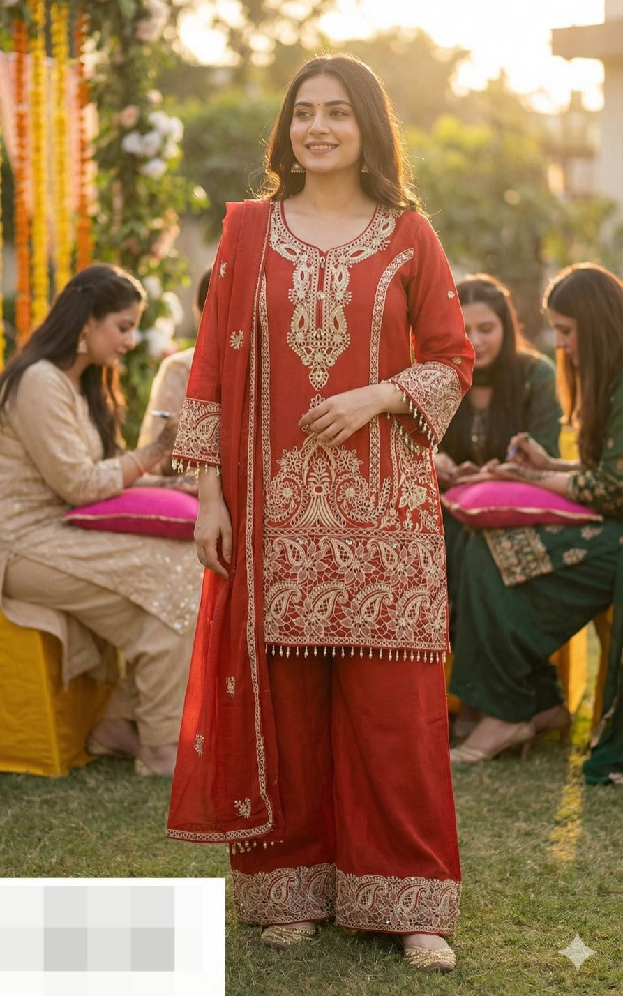 Premium chinon heavy cutwork Pakistani pattern suit set in brick red