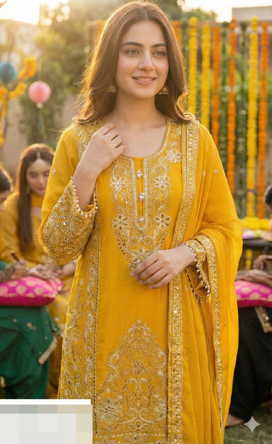 Premium chinon heavy cutwork Pakistani pattern suit set in yellow