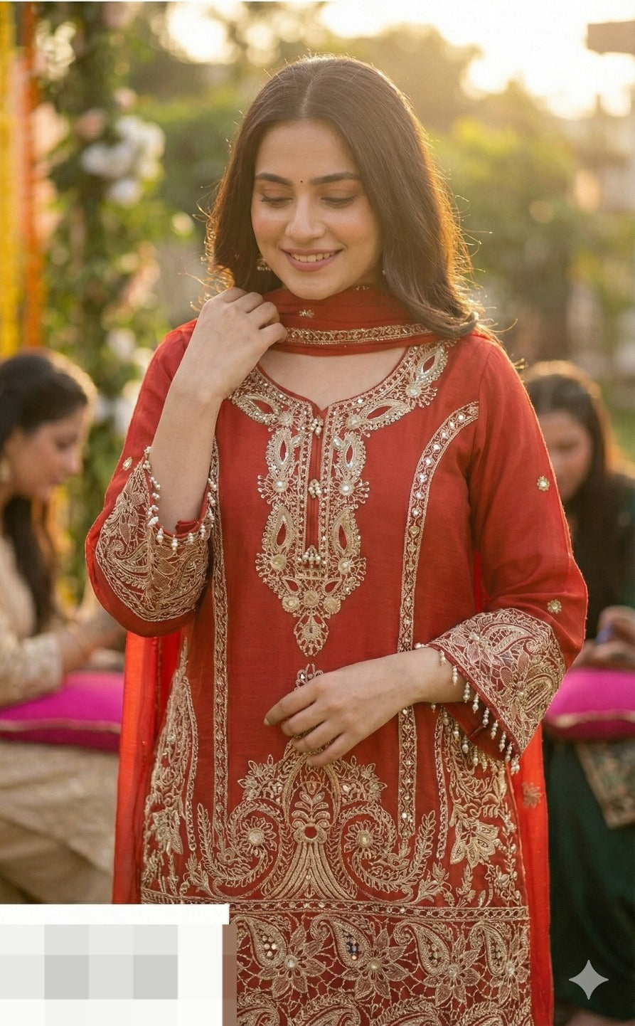 Premium chinon heavy cutwork Pakistani pattern suit set in brick red