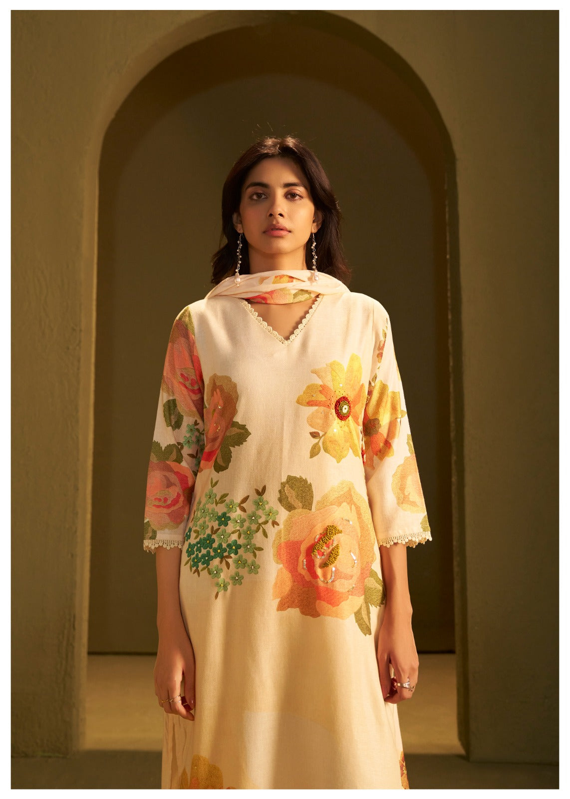 Linen cotton digital printed full suit set with embroidery