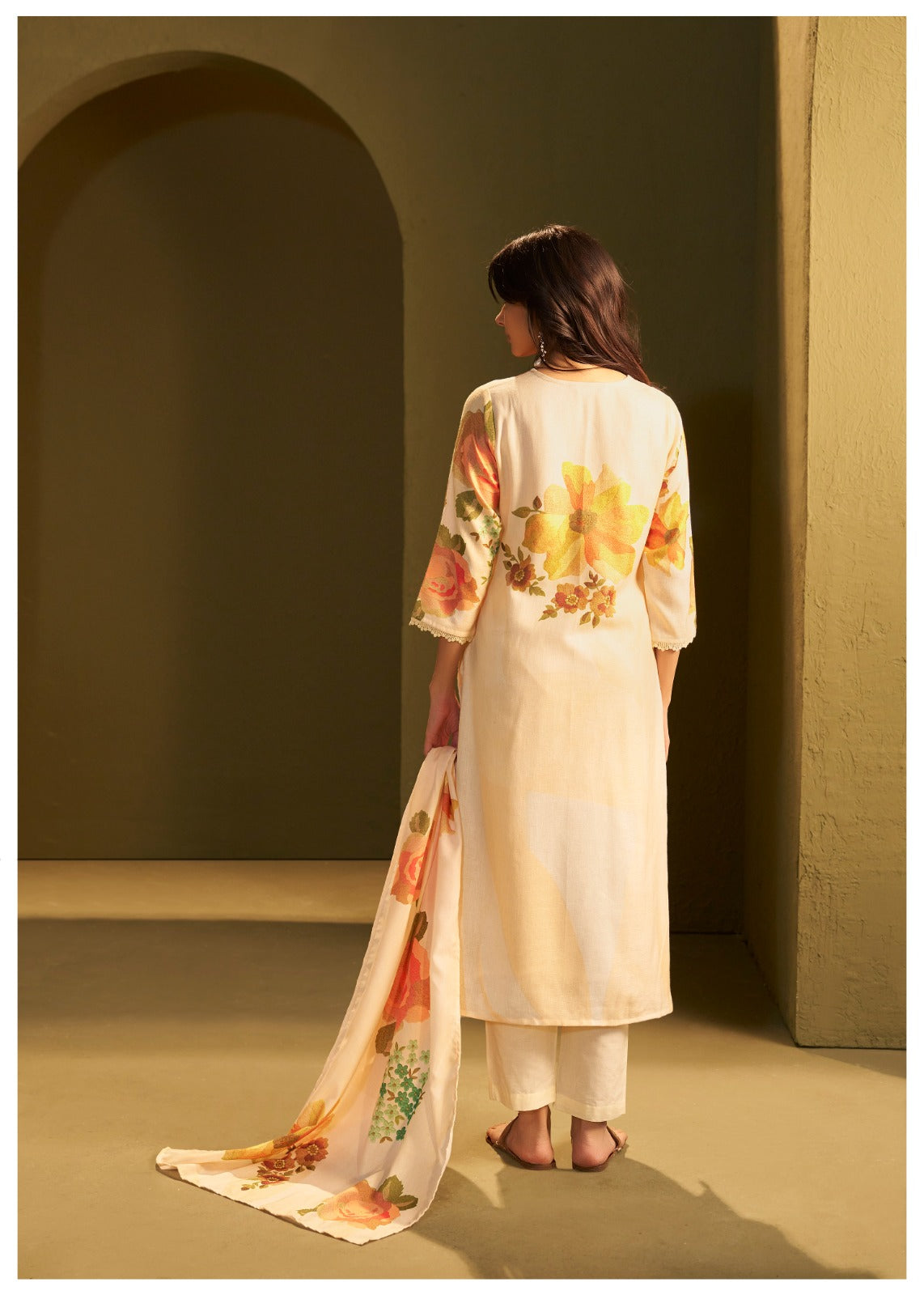 Linen cotton digital printed full suit set with embroidery