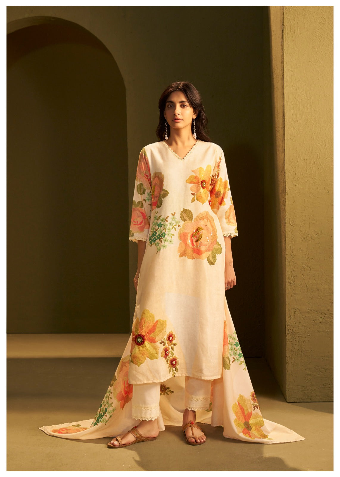 Linen cotton digital printed full suit set with embroidery